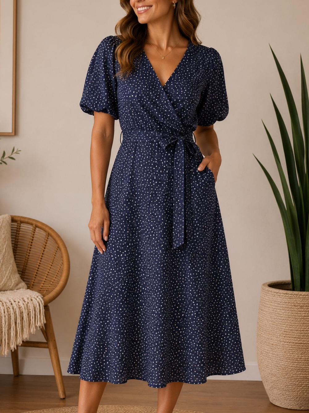 Audrey 3+1 Navy Midi Wrap Dress blue print
